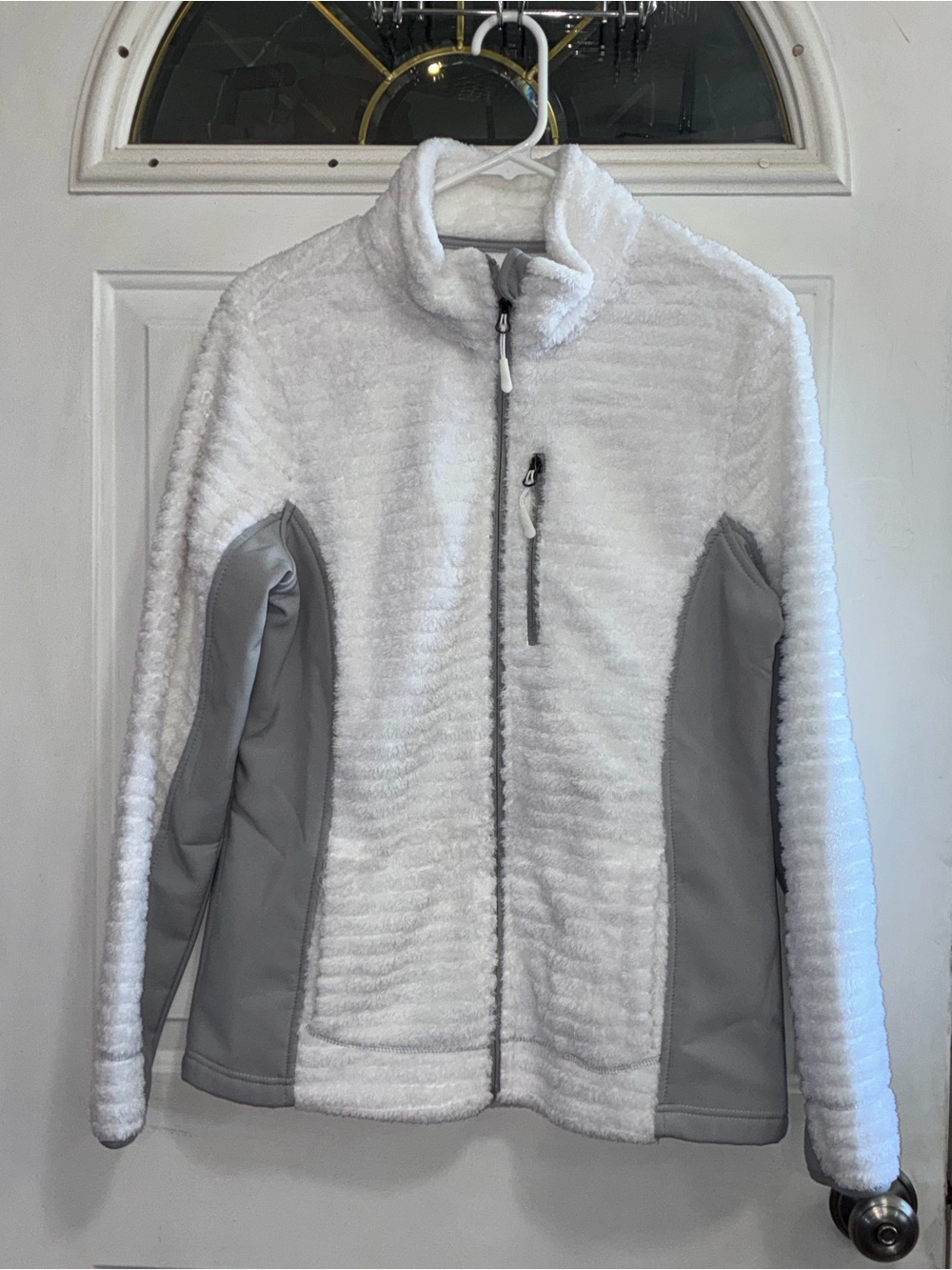 Faded Glory White Teddy Fleece Jacket with Gray Panels